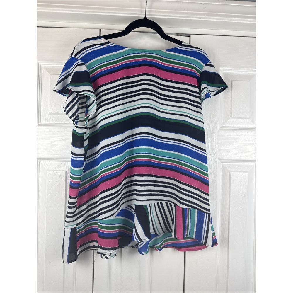 VAN Heusen Striped Cap Sleeve Colorful Button Keyhole Top Women's Large